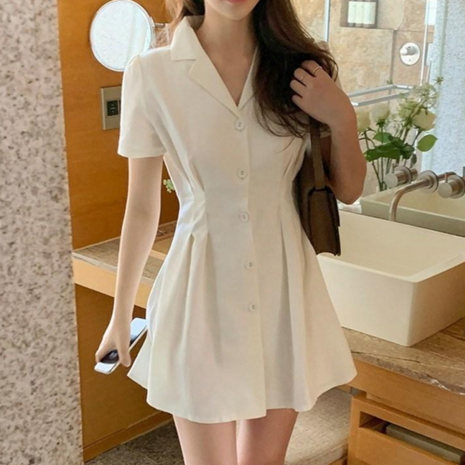 JQS 여성 여름 반팔 카라 플레어 미니 원피스 하객룩 오피스룩 데이트룩 슬림핏 A라인 버튼 원피스