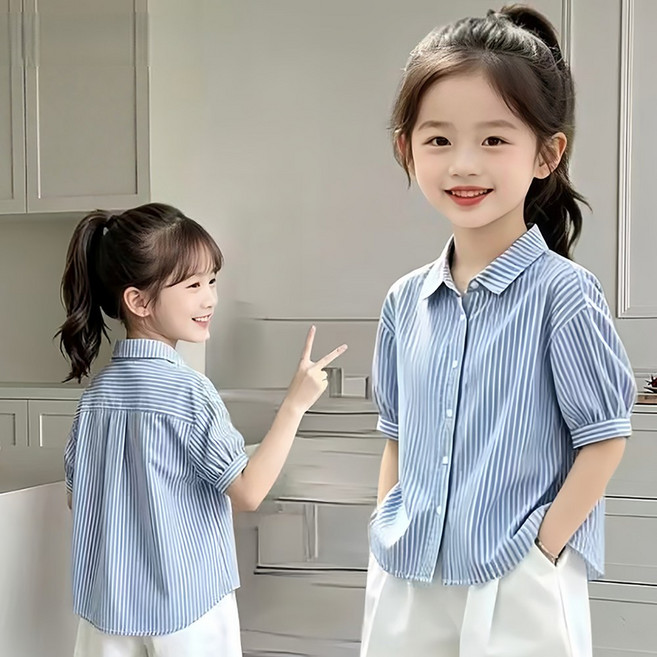 로르카 14세 이상 여아용 여아 통기성 루즈핏 세로스트라이프 퍼프소매 캐주얼 반팔 셔츠