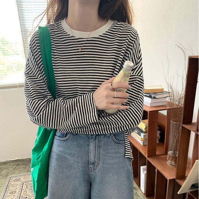 超值 大碼條紋長袖恤女夏薄款冰絲寬鬆設計感小衆別緻防曬罩衫上衣潮 副廠商品