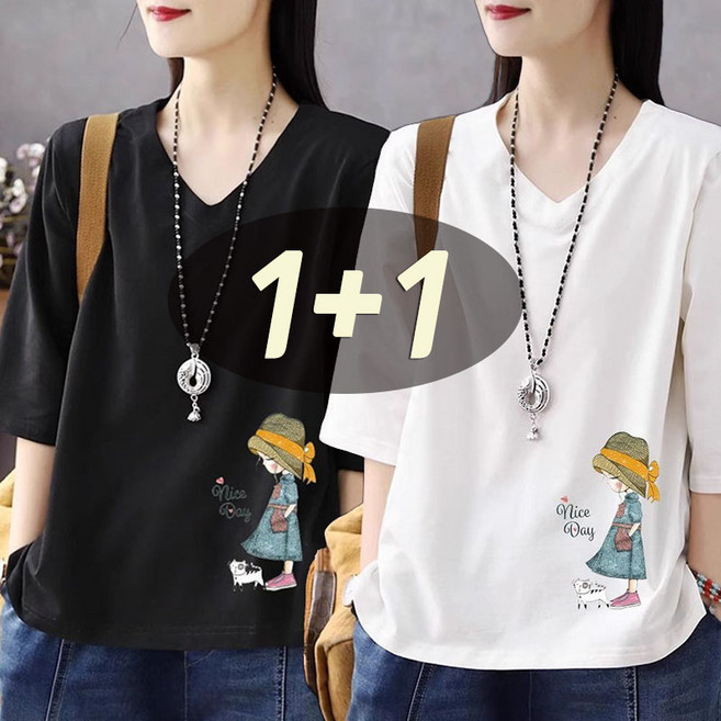 2장묶음 중년여성 여름 빅사이즈 M-4XL옵션 패션 루즈핏 브이넥 프린트 7부 소매 티셔츠 엄마옷 박시핏 데일리 캐주얼 상의 티