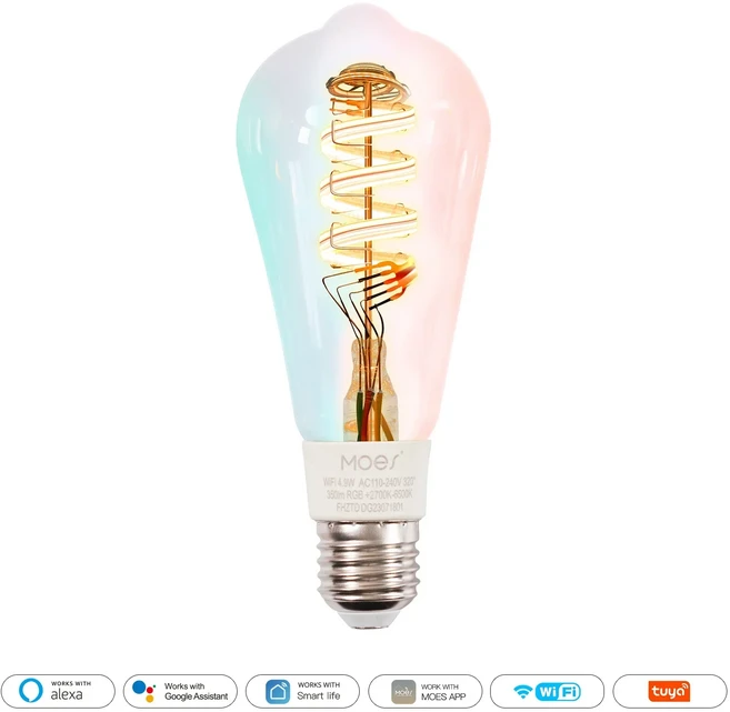 MOES Tuya WiFi 스마트 ST64 에디슨 LED 전구 1600만 RGB 색상 변경 2700K-6500K Alexa/Google 홈으로 디밍, 02 3 PCS