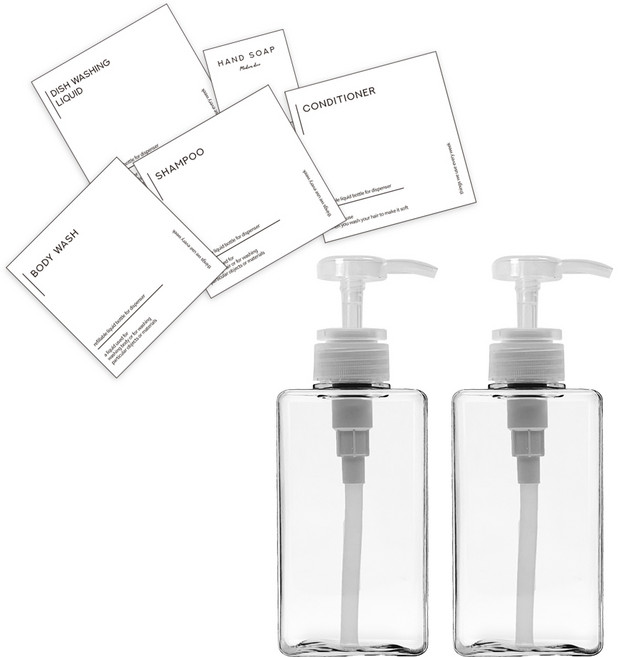 세제 디스펜서 욕실 공병 리필용기 투명 450ml + 스티커 5종, 2개