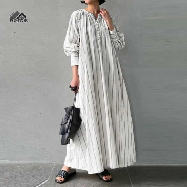 POMTOR 여성용 스트라이프 라운드넥 긴팔 루즈핏 롱 풀오버 원피스