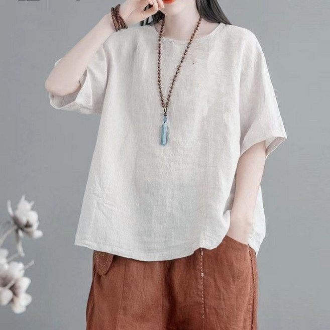 棉麻刺繡短袖上衣 復古寬鬆簡約媽媽裝 大尺碼女裝T恤