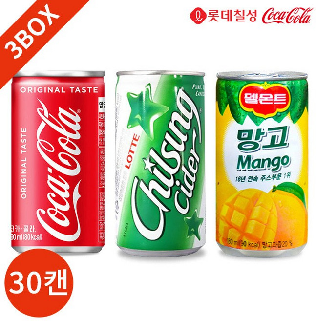 코카콜라 칠성사이다 델몬트 망고 3종 90캔 세트, 190ml, 90개
