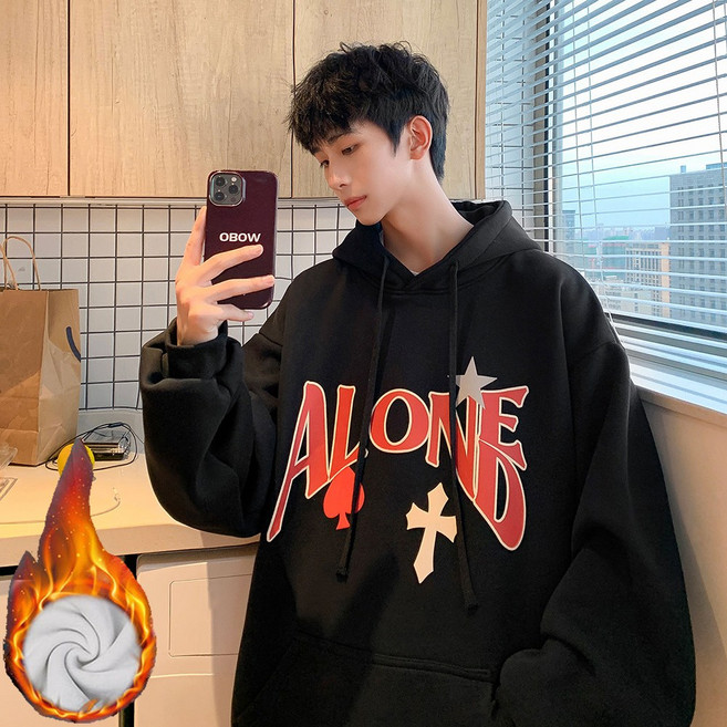 ROYALBELLE 남성 가을 겨울 두툼한 후드 스웨트셔츠 트렌디 프린트 패션 캐주얼 풀오버 F0121116