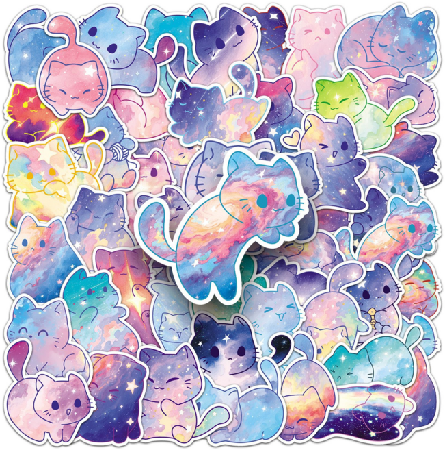 카툰 스티커 세트 모음, 50장 우주 별빛 고양이 스티커, 1세트