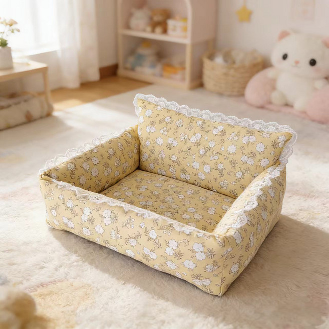 양면 냉석 펫침대 분리세탁 가능 사계절용 강아지 고양이 침대, 1개, 꽃무늬 + 쿨링 매트