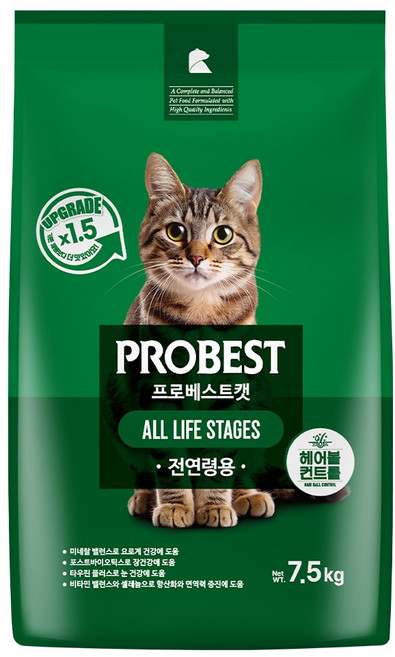 프로베스트 고양이 그린 전연령 기능성 사료, 헤어볼+장건강, 7.5kg, 1개