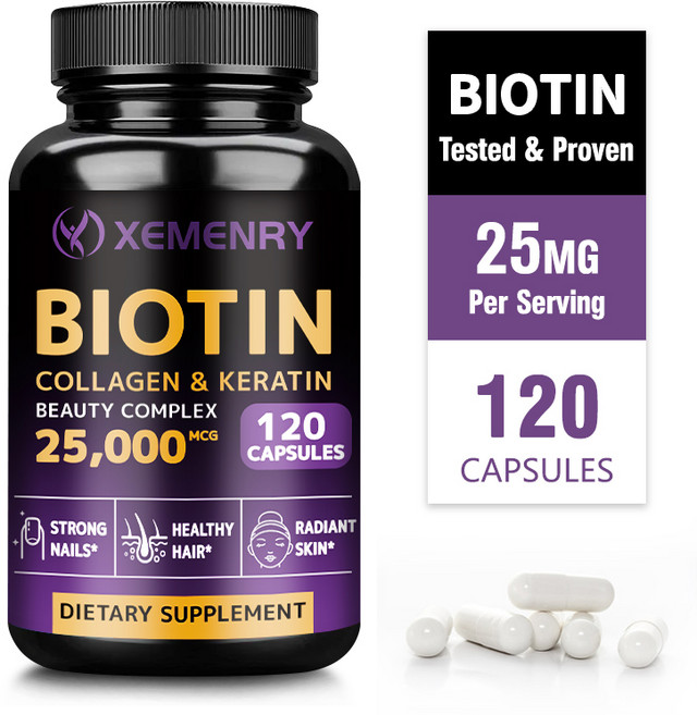 비오틴 콜라겐 & 케라틴 - 노화 방지 모발 성장 피부 건강 튼튼한 손톱, 1개, 120정