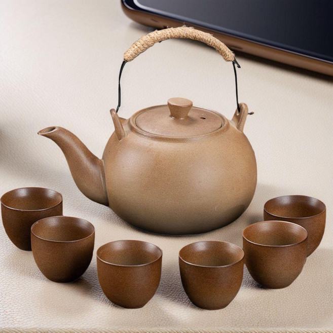 大容量烤奶茶壺圍爐煮茶壺整套陶罐茶提樑壺酒店泡茶壺粗陶碳套裝 副廠商品, 柴燒提樑大肚壺+6杯, 1個