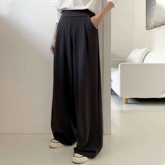 큐니티 여성용 데일리 숏/롱 2단기장 스판 핀턱 통밴딩 일자 와이드 슬랙스 팬츠 키작녀 키큰녀 빅사이즈 바지