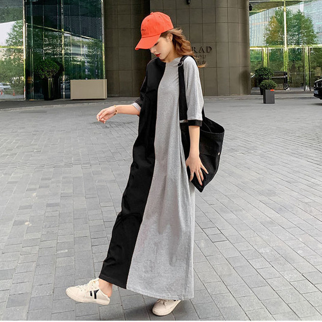 롱 반팔 원피스 빅사이즈 롱티 캐주얼 여성 티셔츠 루즈핏 반팔티 여름여성원피스 슬림 홈웨어 면 여성반팔원피스 WAWAMIYA