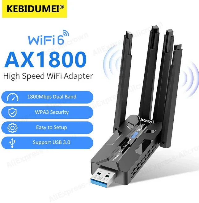 WiFi6 AX3000 USB 어댑터 듀얼 밴드 2.4G/5G 802.11AX 네트워크 무선 수신기 동글 윈도우10/11용, 02 1800M Adapter, 01 빠른  Mainland