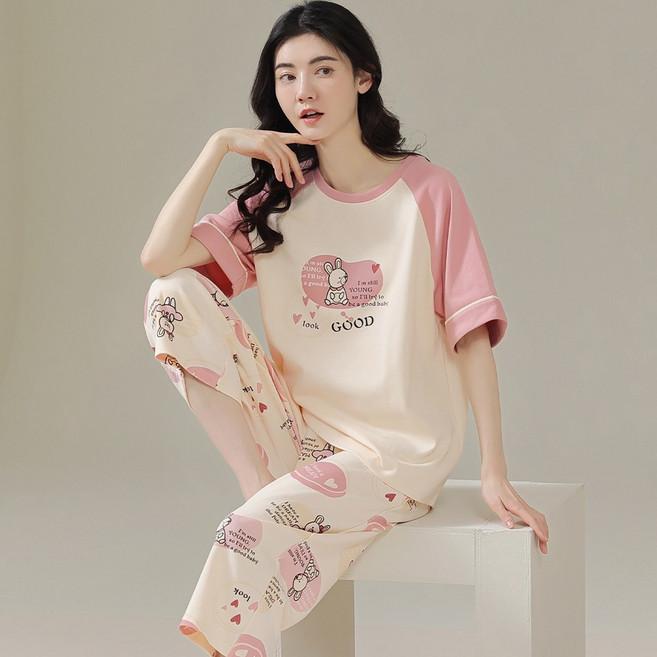 BAJAOEY(바자오이) 여성 순면 반팔 잠옷세트 체크 여름 홈웨어 투피스