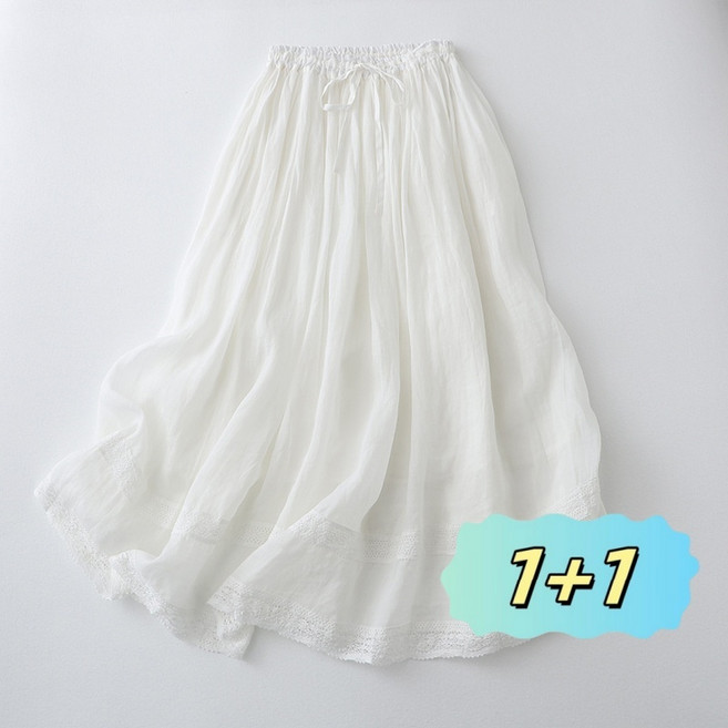 AOKADA 1+1여성 여름 린넨 미디 스커트 밴딩 웨스트 레이스 A라인 치마