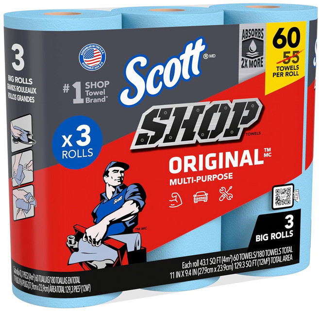Scott 샵 타월 오리지널 58145 블루 빅 롤 3개 1팩 라지 11x9.4 60장롤 총 180장