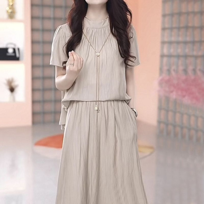 여성 패션 쿨링 냉감 셔링 반팔 블라우스 밴딩 롱스커트 상하의 세트 빅사이즈