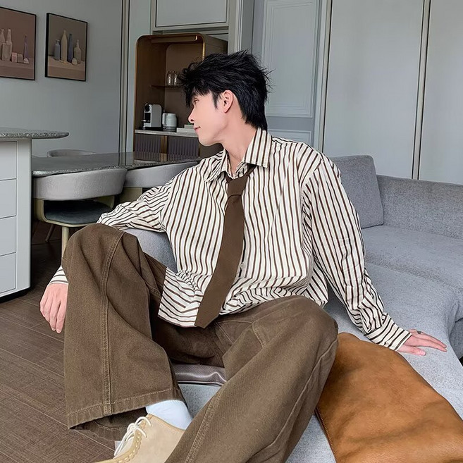 春秋季新款學院風時尚內搭條紋襯衫男寬鬆早秋百搭長袖襯衣男上衣