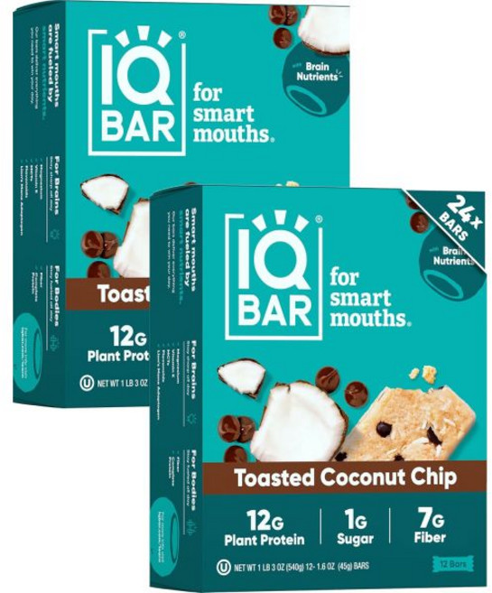 쿠키 과자 IQBAR 클린 식물성 단백질 바 아몬드 버터 칩 케토 비건 고섬유 글루텐 및 유제품 무첨가 저당 간식 집중력 에너지 식사 대체를 위한 뇌와 몸 영양소, 구운 코코넛 칩, 24개 팩