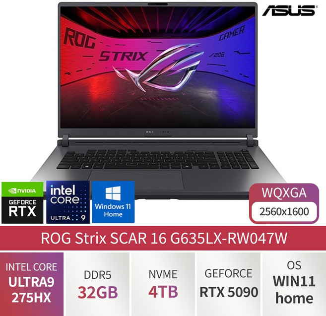 ASUS ROG Strix SCAR 16 G635LX-RW047W 16인치 게이밍 노트북 Ultra9 지포스 RTX5090, WIN11 Home, 32GB, 4TB, 이클립스 그레이
