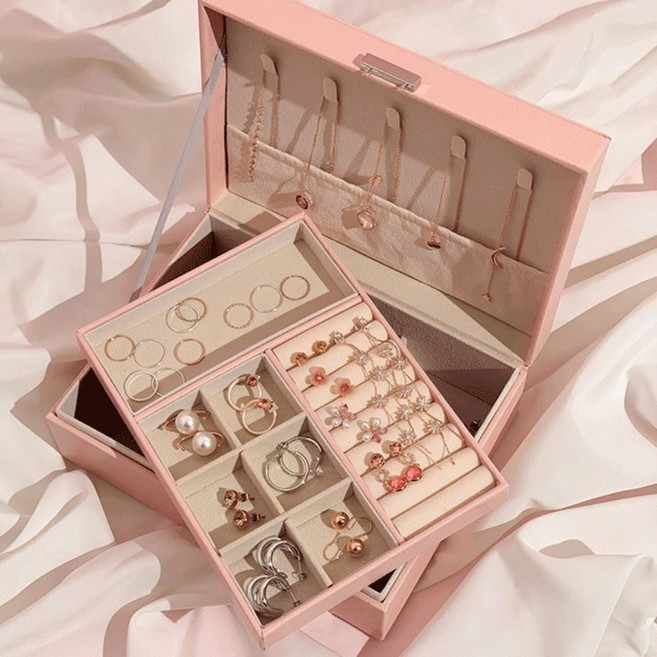 머리핀보관함 뱃지 보관함 팔찌 케이스 목걸이 반지 귀걸이 정리함 2단 핑크 보석정리함