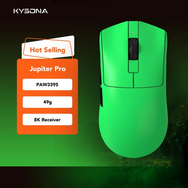Kysona Jupiter 무선 마우스 PAW3395 센서 26000DPI 경량화 49g 8kHz 충전식 게이밍 마우스 유선 연결 PC, 06 Jupiter Pro Green