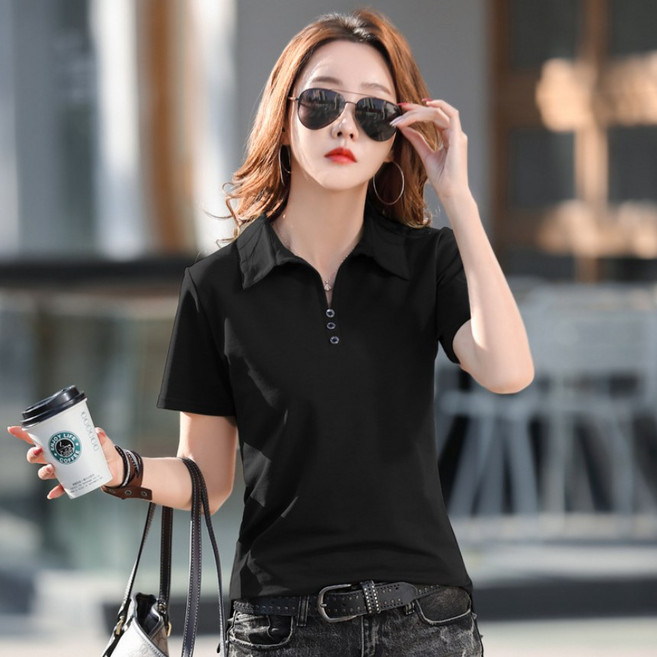 여성용 브이넥 반팔 카라티 오버핏 티셔츠