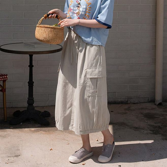데일리앤 밀로티 시원한 바스락 밴딩 벌룬 카고 화이트 스커트 봄 여름 캐주얼 롱 치마