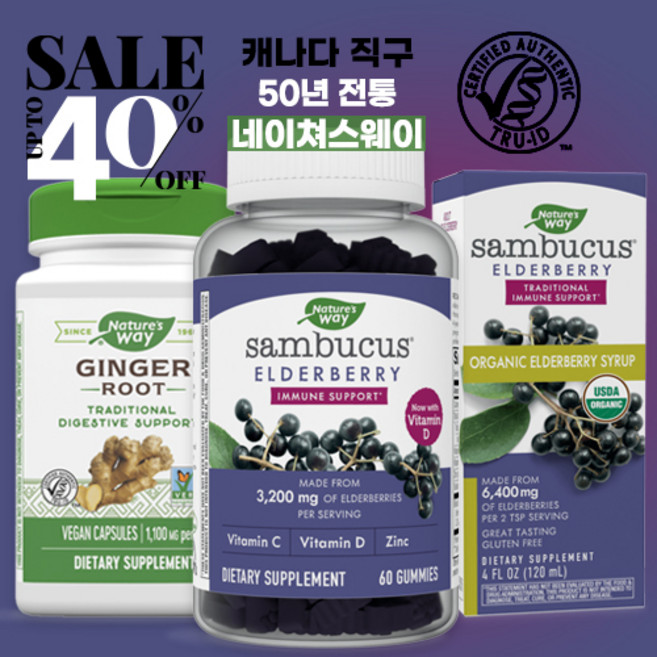 네이쳐스웨이 50년전통 영양제 브랜드 삼부커스 생강뿌리 에키네시아 비타민C 100%정품 캐나다 직구, 1.유기농 삼부커스 엘더베리 240ml x 1병, 1개