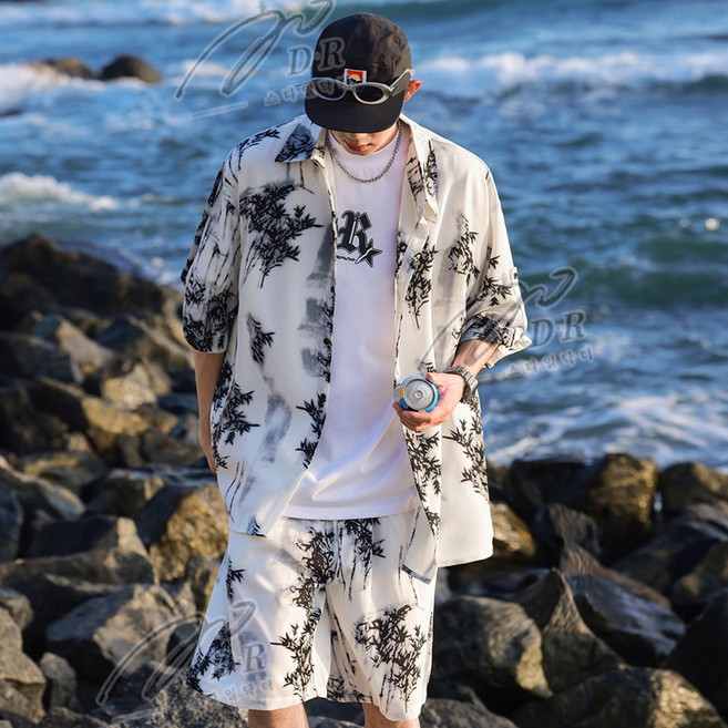 ANYOU 남성 셔츠 슈트 비치 바캉스 여름 반팔 반자지 세트