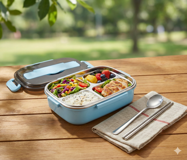 不鏽鋼分隔型便當盒, 藍白, 1個