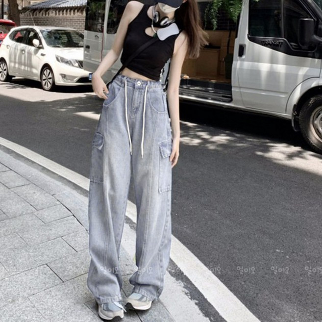 바이일이오 여성 앞절개 스트링 사이드 포켓 카고 밴딩 청바지