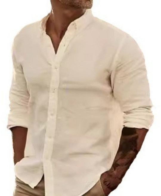 速賣通新款男士純色亞麻翻領開衫長袖寬鬆男士襯衫男裝長袖鈕釦款