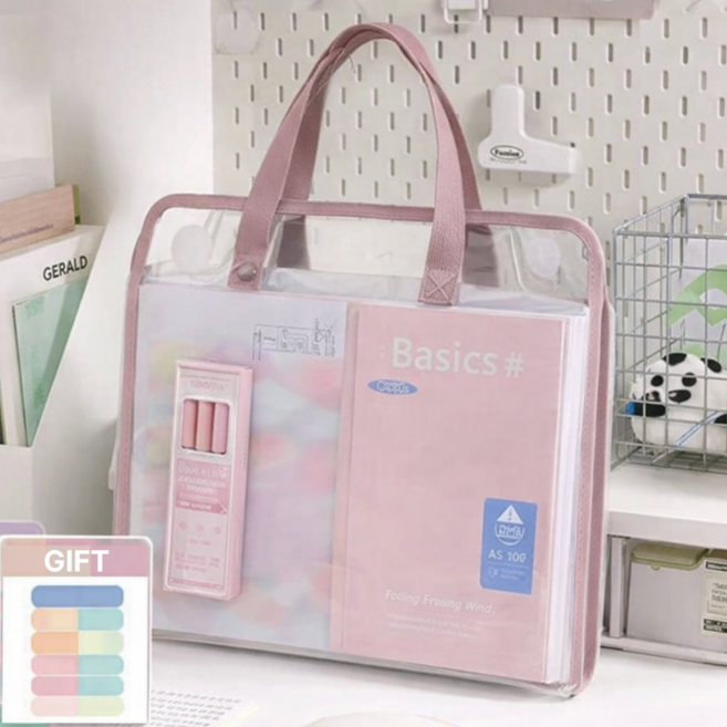 오키지 아코디언 파일 가방 13칸 대용량 투명 서류 정리 보관함, 1개, 파우더핑크