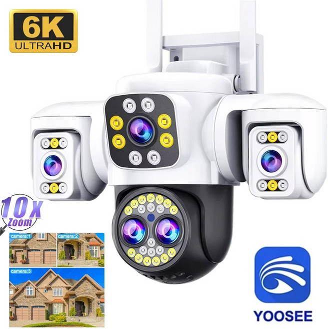 보호 10K WiFi 카메라 삼중 Yoosee 10X 4개 360 야외 CCTV 줌 Ai 스크린 16MP 감시, 6K 12MP No Card, 미국 플러그