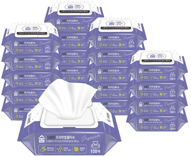 숨 프리미엄 물티슈 캡형 100매, 100매입, 20개
