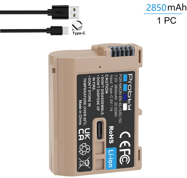 호환 EN-EL15C 배터리 USB-C 카메라 니콘 Z6 III Zf Z8 Z7 Z5 D850 D750 용 2850mAh, 1 Pc Battery