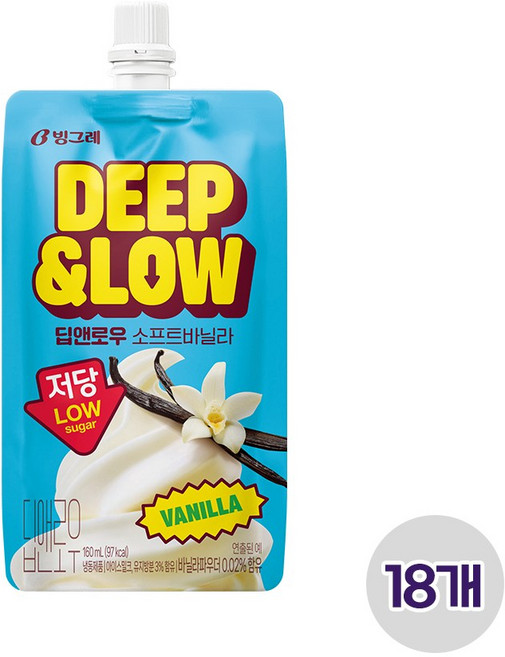 빙그레 딥앤로우 소프트바닐라 /저당 아이스크림, 18개, 160ml