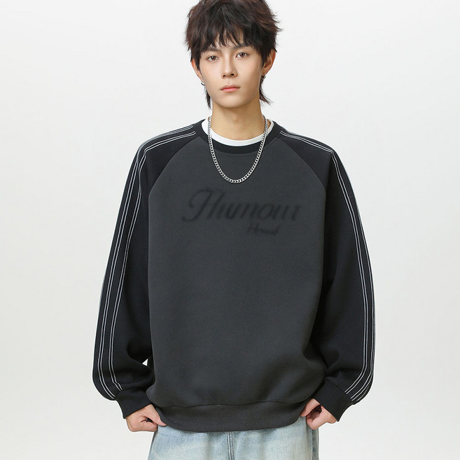 코디코치 체커 배색 래글런 레터링 프린팅 맨투맨 데일리 티셔츠