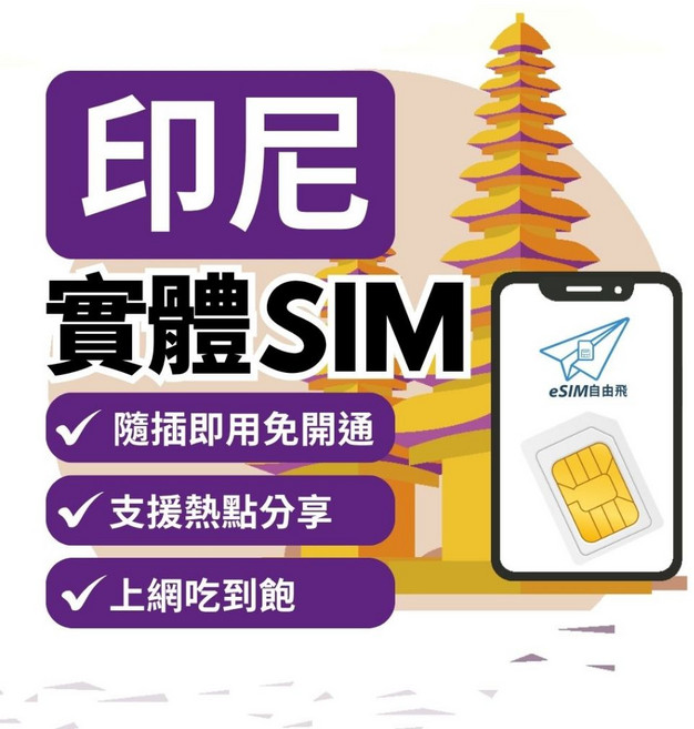 eSIM自由飛 印尼實體SIM卡，免開通即插即用，5G吃到飽，峇里島/雅加達/泗水全境適用上網SIM卡, 1個, C最穩定【Telkomsel】總5GB,【印尼】8天