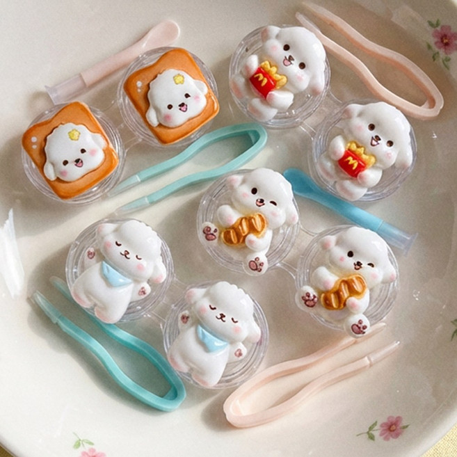 [4개세트] 귀여운 캐릭터 렌즈케이스 파스텔 콘택트렌즈 휴대용 보관함 세트 5종, 1개, 퍼피 1세트