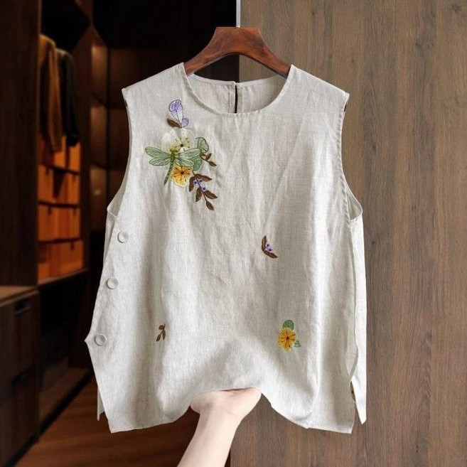 COSYEVNO 여성 면마 민소매 나시 자수 루즈핏 캐쥬얼 여름 조끼