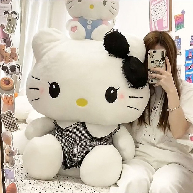 대형 블랙체크 원피스 키티인형 귀여운 고양이 냥이 헬로키티 인형, 01