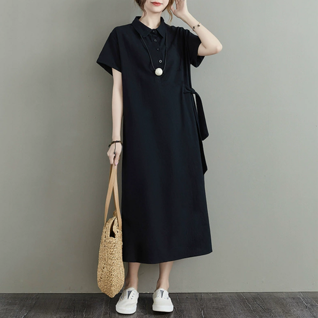 NUNUHANA 여성 루즈핏 면마 반팔 롱원피스