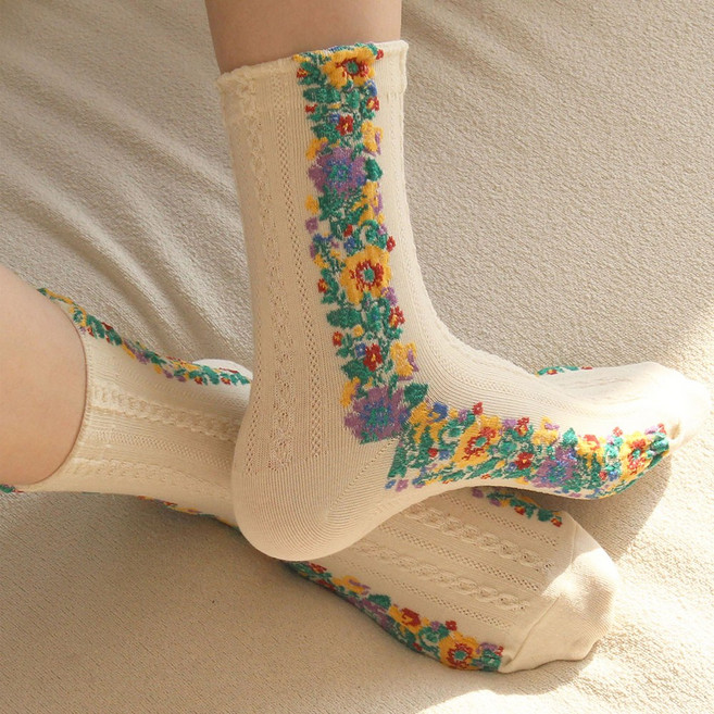 하이언더바 국산 여성 5켤레 빈티지 플라워 중목 고급 면 패션 양말