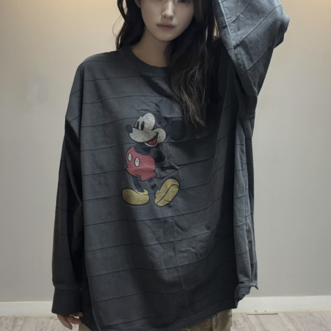 (숏버젼) 피그먼트 미키 핀스트라이프 긴팔티 오버핏 라운드