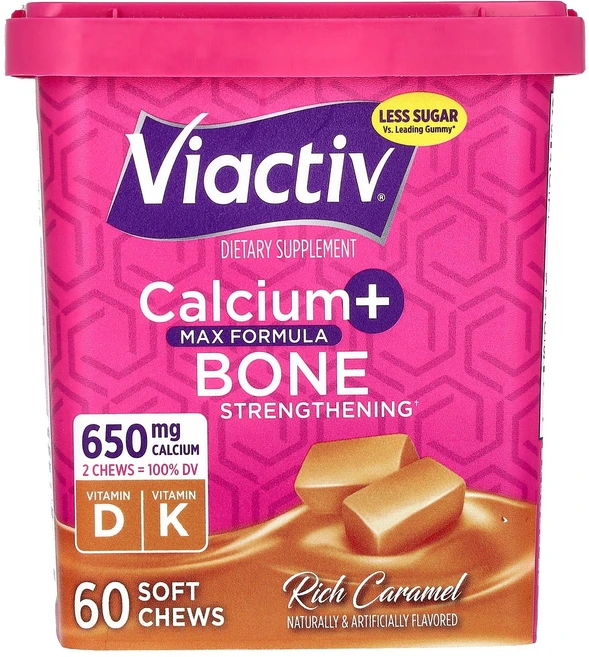 Viactiv 칼슘 + 뼈 강화 맥스 포뮬라 리치 캐러멜 맛 소프트츄 60개 Viactiv (비액티브), 1개, 60정 - 쿠팡