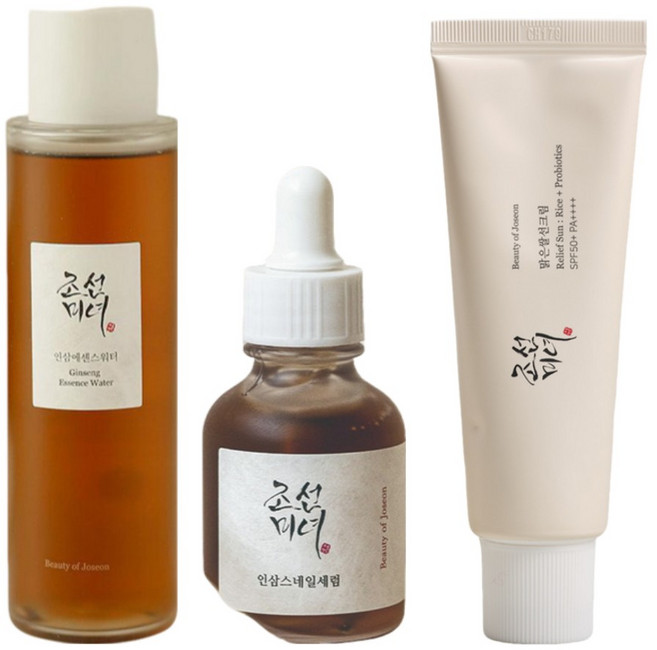 조선미녀 인삼 광채 탄력 케어 세트 – 인삼 에센스 워터 + 인삼 스네일 세럼 + 맑은쌀 선크림 (SPF50+ PA++++)