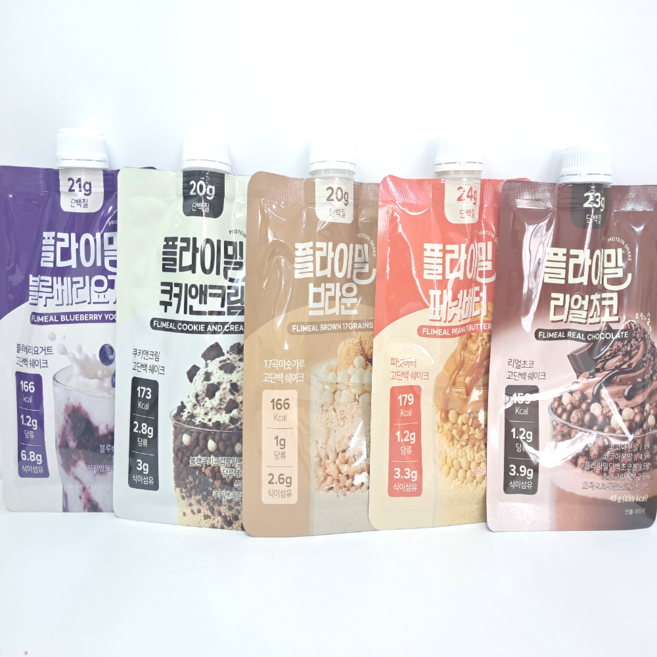 플라이밀 쉐이크 파우치 5가지맛 리얼초코 브라운 쿠키앤크림 버터 블루베리요거트, 5개, 45g